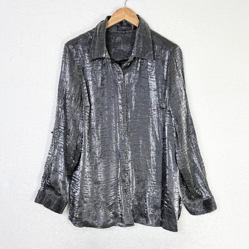 Elementz Womens Silver Metallic Crinkle Button Up Shirt Size L Large Vintage 90s